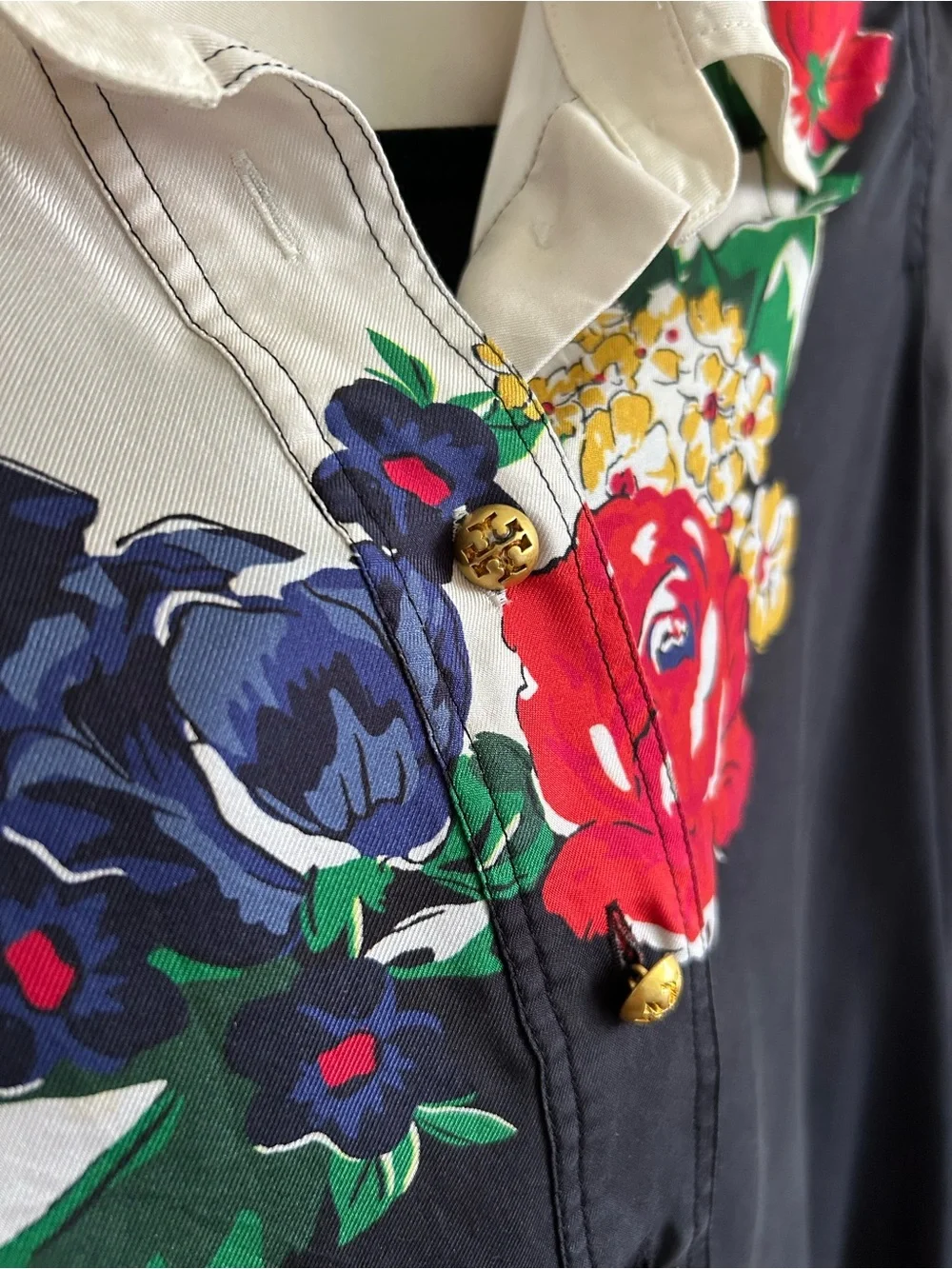 Tory Burch Black Floral Print Collared Half Button Long Sleeve Silk Blouse Top